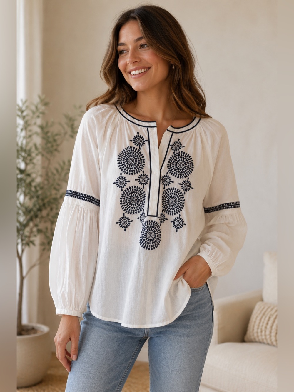 Tory Burch White Cotton Tunic with Navy Geometric Embroidery